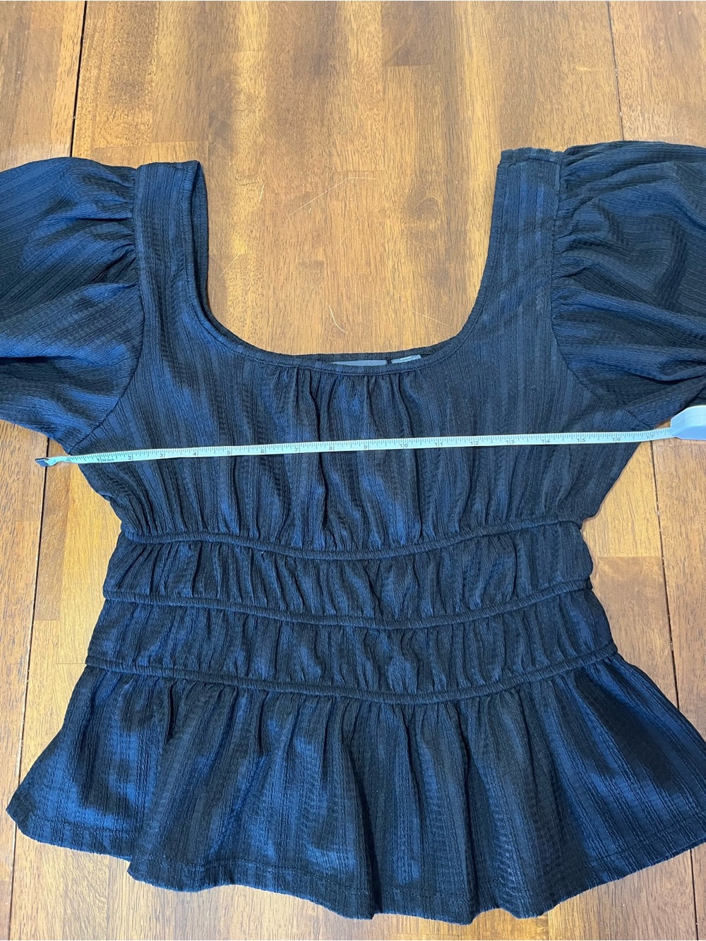 Maeve Anthropologie Black Smocked Peplum Blouse with Puff Sleeves - Picture 4 of 6